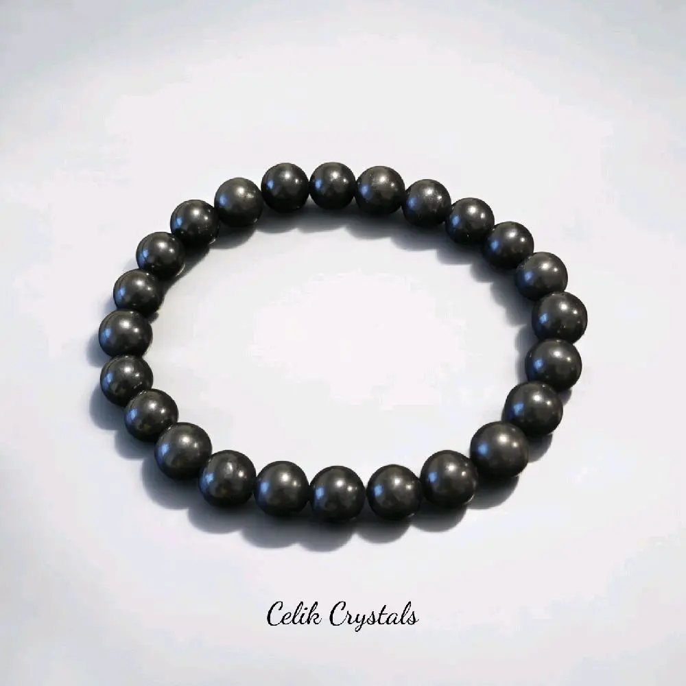 Celik Crystals 8mm Shungite Crystal Beaded Bracelet for Adults - Unisex Stretchy Natural Gemstone for Energy Healing, Protection & Grounding, Natural Healing Crystal