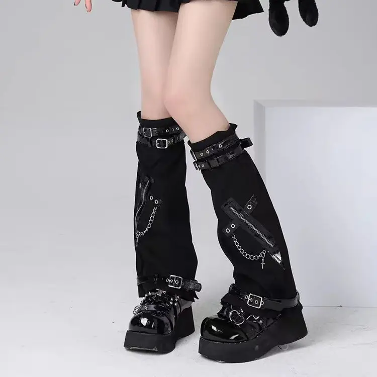 Y2K Gothic Cross Leg Warmers Punk Style Baddie Leather Chain Stackable Socks JKSubculture Unique Long Fashion Sleeves