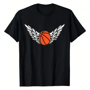 Angel Wings Basketball Fun Basketball Unisex T-Shirt, 100% Certified Organic Cotton Angel T-Shirt, 200g Men's Heavyweight Angel Shirt, Black Round Neck, S-XXXL, Regular Fit Cotton Men's Graphic Tees Classic Cotton Tee Casual Short-Sleeve Men's T-Shirts