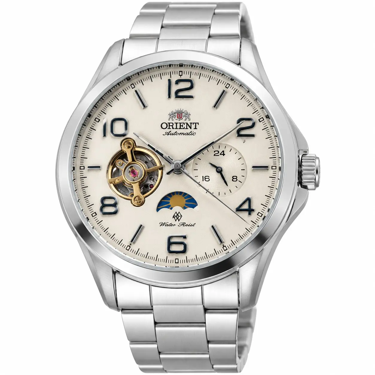 Men’s Orient Automatic Mechanical Watch Open Heart Skeleton Dial Moon Phase 24 Hour Display Waterproof Business Dress Wristwatch Leather & Stainless Steel Strap Self Winding Luxury Casual Gentleman Daily Wear Birthday Festival Gift Watch