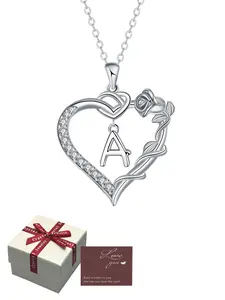 Heart shaped Initial Letter Rose Pendant Necklace - Love Rose Necklace, Elegant Necklace, Fashionable Jewelry&Comes with Rose Gift Box, Ideal for Daily Wear as a Valentine's Day Mother's Day and Christmas Gift for Wife, Mom, and Girlfriend.