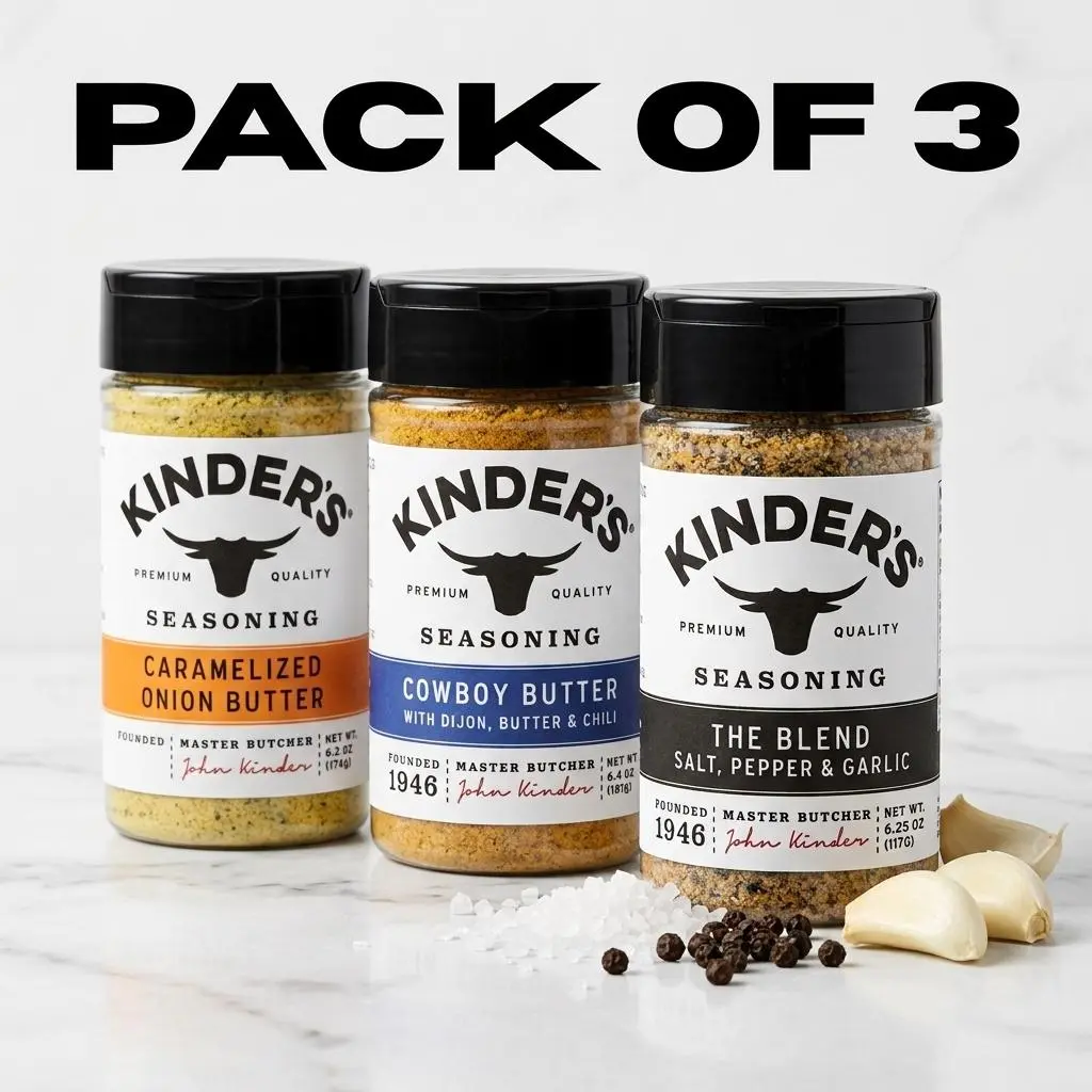 Kinder's Caramelized Onion Butter, Cowboy Butter and The Blend Seasoning with Salt, Pepper, and Garlic Seasoning Variety Pack