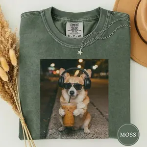Comfort Colors Funny Corgi Drinking Iced Coffee Shirt, Animal Meme Tee, Dog Lover Gift, Funny Corgi Shirt, Coffee Lover Tee, Cute Dog Mom Gift JM