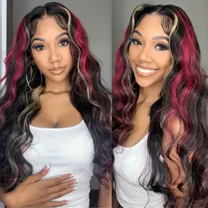 Black Red Blonde Highlights Colored Human Hair Body Wave Wigs 13x4 Transparent Lace Front Wigs Pre-Plucked with Baby Hair Glueless 200% Density Blonde Red Highlights Wig Body Wave Lace Front Wig For Women
