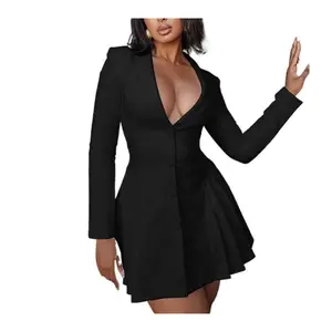 Women's ZQ Solid Color Chic Long Sleeve Basic Deep V Lapel Blazer Cardigan Dress - Elegant Short Ruffle Hem Clothes for On-the-Go Wear