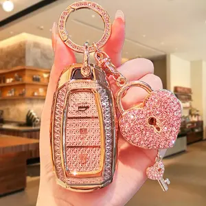 Car Key Case with Rhinestone Heart Lock Keychains, Key Fob Protector Key Fob Shell, Car Key Holder Cover, Key Case for Hyundai Elantra Sonata Tucson 2019 2018 2017 2016 2015 2014