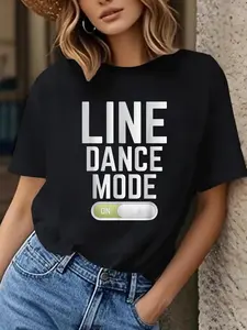 Women's Short-Line Dance T-Shirt - "Mode On" Graphic Tee with Round Neck, Stretchy Casual & Dance Wear, Machine Washable Black/White Top for Line Dancing & Everyday Outfits