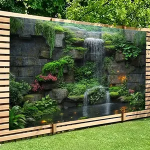 1pc Waterfall & Greenery Polyester Backdrop Banner - Lush Stone Wall Design with Cascading Waterfall & Vibrant Foliage, Durable Wrinkle-Resistant Fabric for Photography, Live Streaming, Weddings, Parties - Indoor