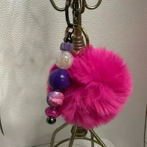 Fuzzy Keychain with Colorful Beads and Pink Pom-Pom Accessory for Bags and Keys