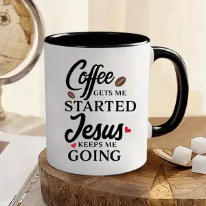 Coffee Gets Me Started, Jesus Keeps Me Going - Personalized Ceramic Mug, 11oz, Funny Coffee Gift for Christians, Teachers, Friends, Family