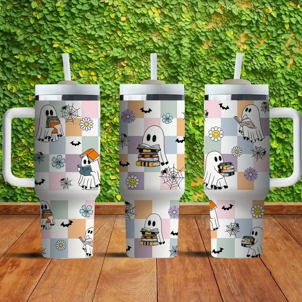 [MADE IN US] Vacuum Insulated Tumbler Cute Ghost with Lid and Straw - Stainless Steel Travel Coffee Mug Double Wall Hot & Cold Drink Cup Leakproof Portable