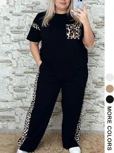 Plus Size Women's Casual Leopard Print Womenswear Set, Comfortable Fitted Knit Fabric T-shirt + Relaxed Pants, Perfect for Daily Outings