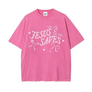 Jesus Saves Coquette Christian Acid Wash Tee | Pink Bow Faith Shirt,Retro "Jesus Saves" Coquette Tee | Bow & Heart Christian Oversized Top