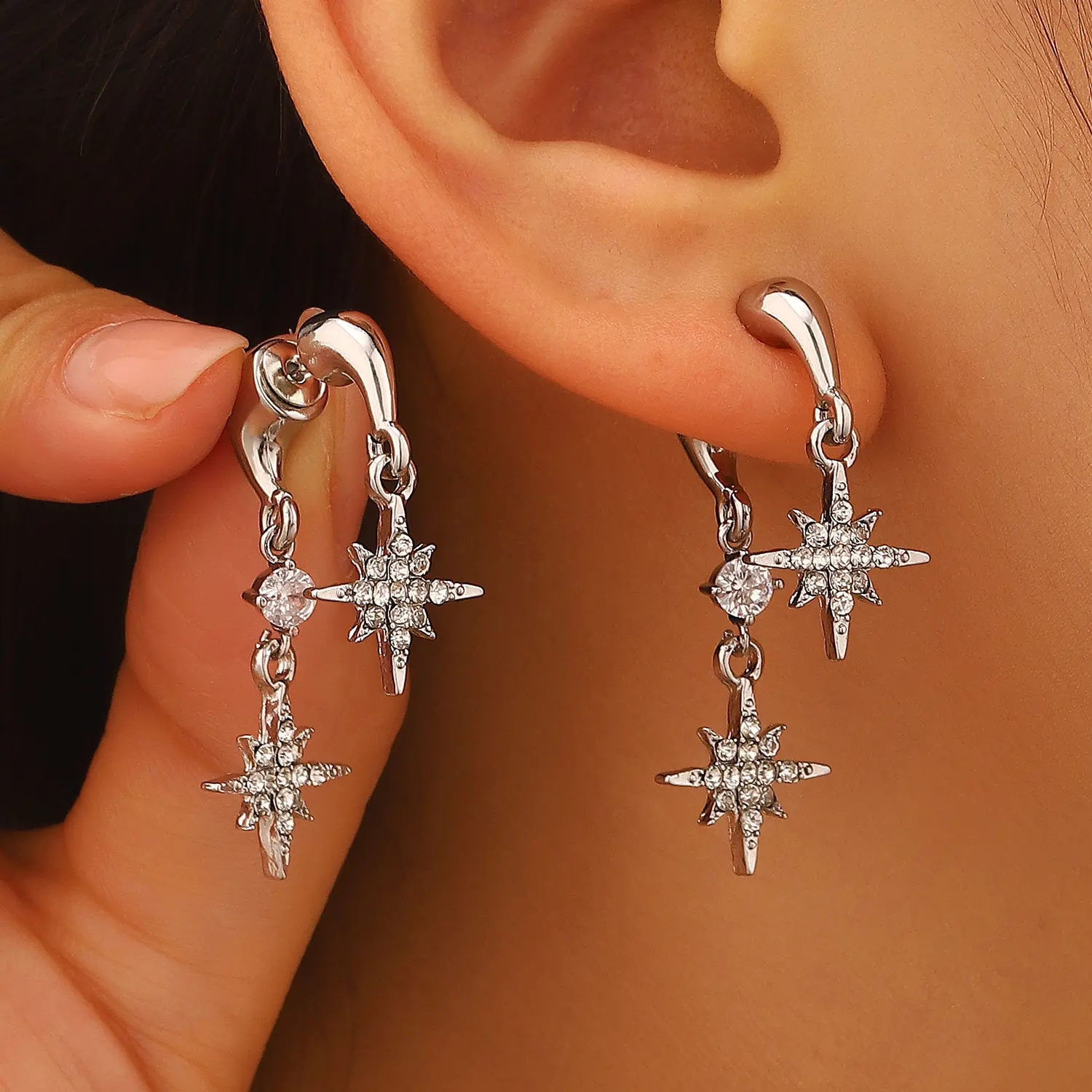 Convertible Drop Earrings for Women, Dainty Celestial North Star Dangle Studs with Micro-Paved CZ, 2-in-1 Jewelry for Evening Parties, Bling Effect, Dangling, Convertible Design