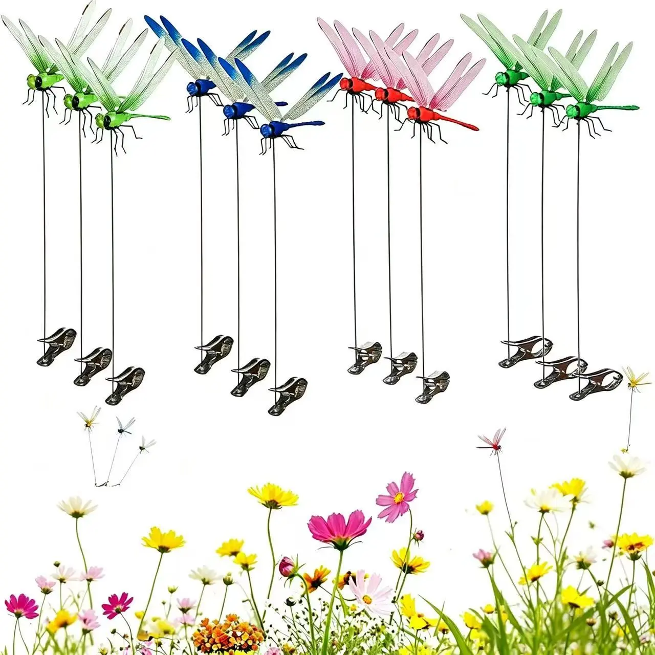 12-Piece Dragonfly Garden Stakes Clips, Fly Deterrent, Deer ScareDevice for Indoor & Outdoor Garden Use