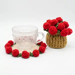 Handmade Crochet Flower Bouquet, Aesthetic Potted Decor with Bonus Crochet Basket, Hand-knitted Flower Coaster, Perfect Gift for Her