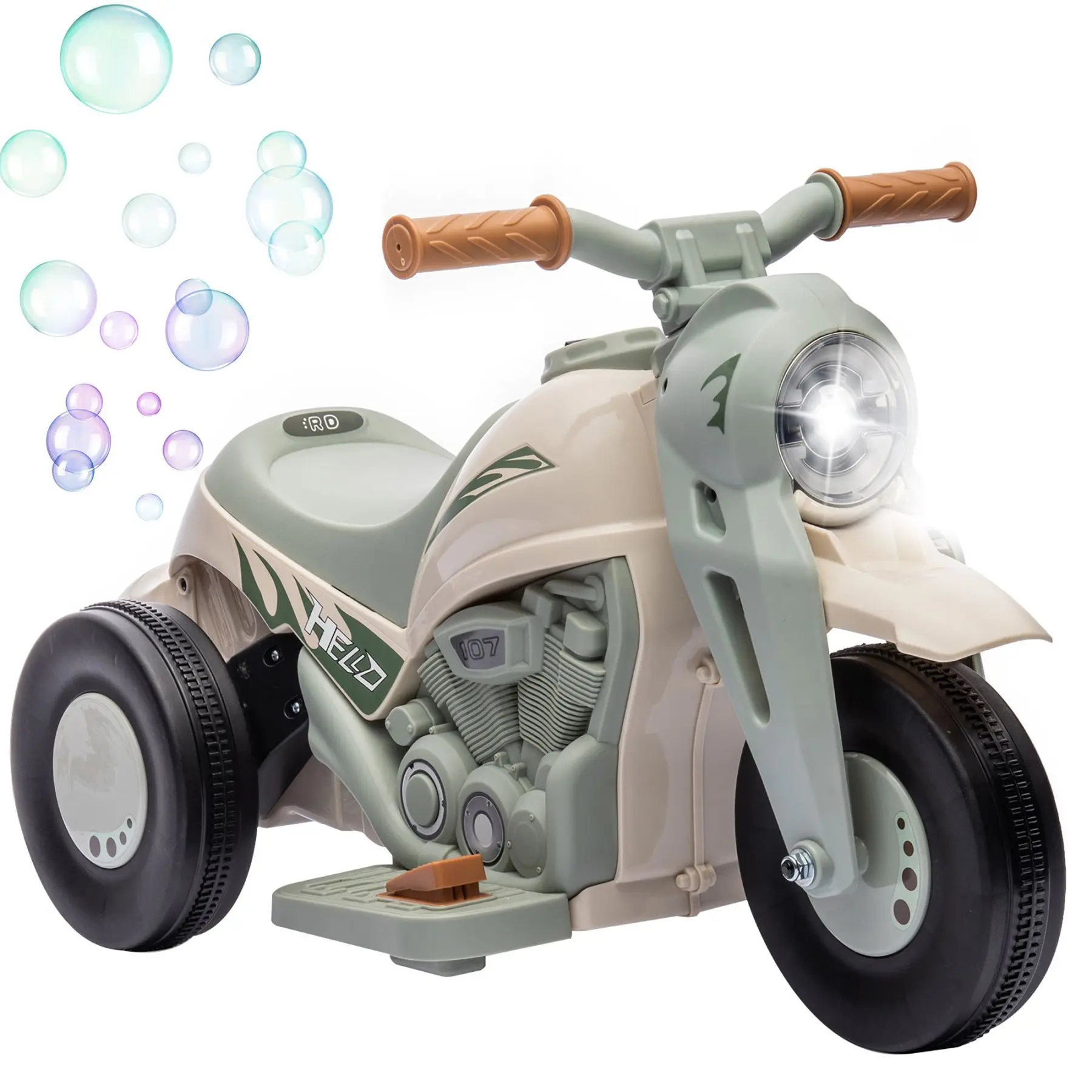 6V 3-Wheeled Kids Electric Bubble Ride-On Motorbike, 2 MPH Toddler Toy with LED Headlight, Music, Forward & Reverse Functions, Cream White, Toys