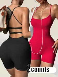 Women's Solid Sports Romper, Breathable High Stretch Romper for Yoga Running, Ladies Sportswear for Indoor Outdoor Wear, Sporty Jumpsuit