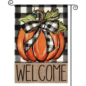 Colorlife Fall Pumpkin Welcome Garden Flag Double Sided, Autumn Thanksgiving Holiday Harvest Buffalo Plaid Yard Outdoor Decoration 12x18 Inch