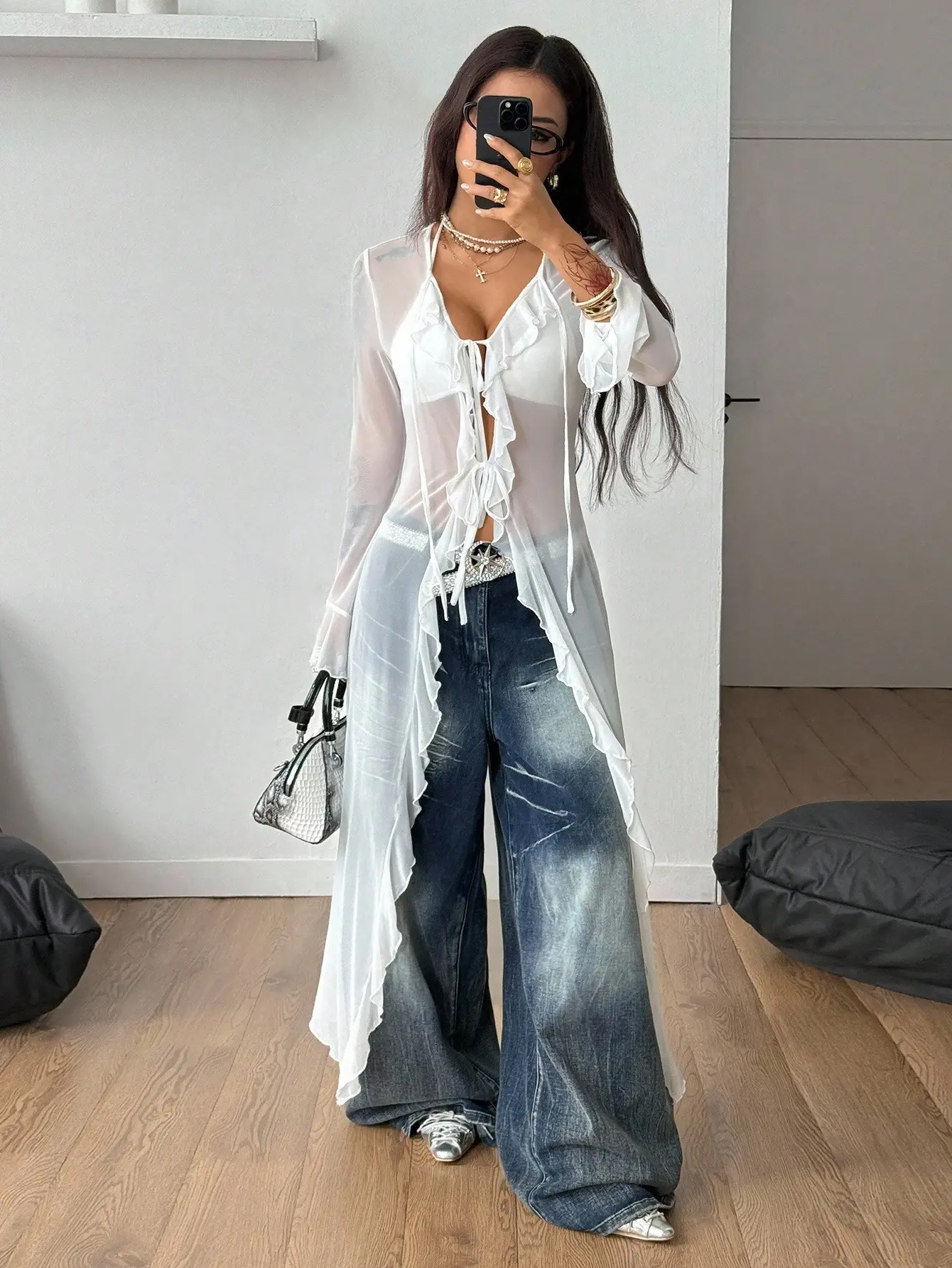 VYNCE All Season Long Cover Up Coat Lace Ruffle Ribbon Rave Festival Wear Renaissance Fair Gyaru Style