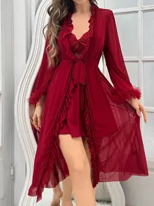 Spliced Lace Cami Sleep Dress And Ruffled Hem Robe Pajama Set