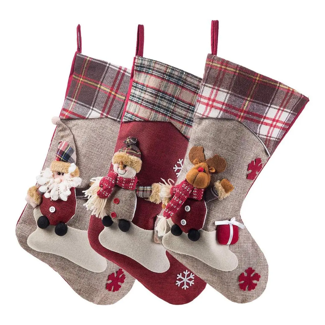 3PCS 17.5" Christmas Stocking Classic Large Stockings Santa, Snowman, Reindeer Xmas Character for Family Holiday Christmas Party Decorations