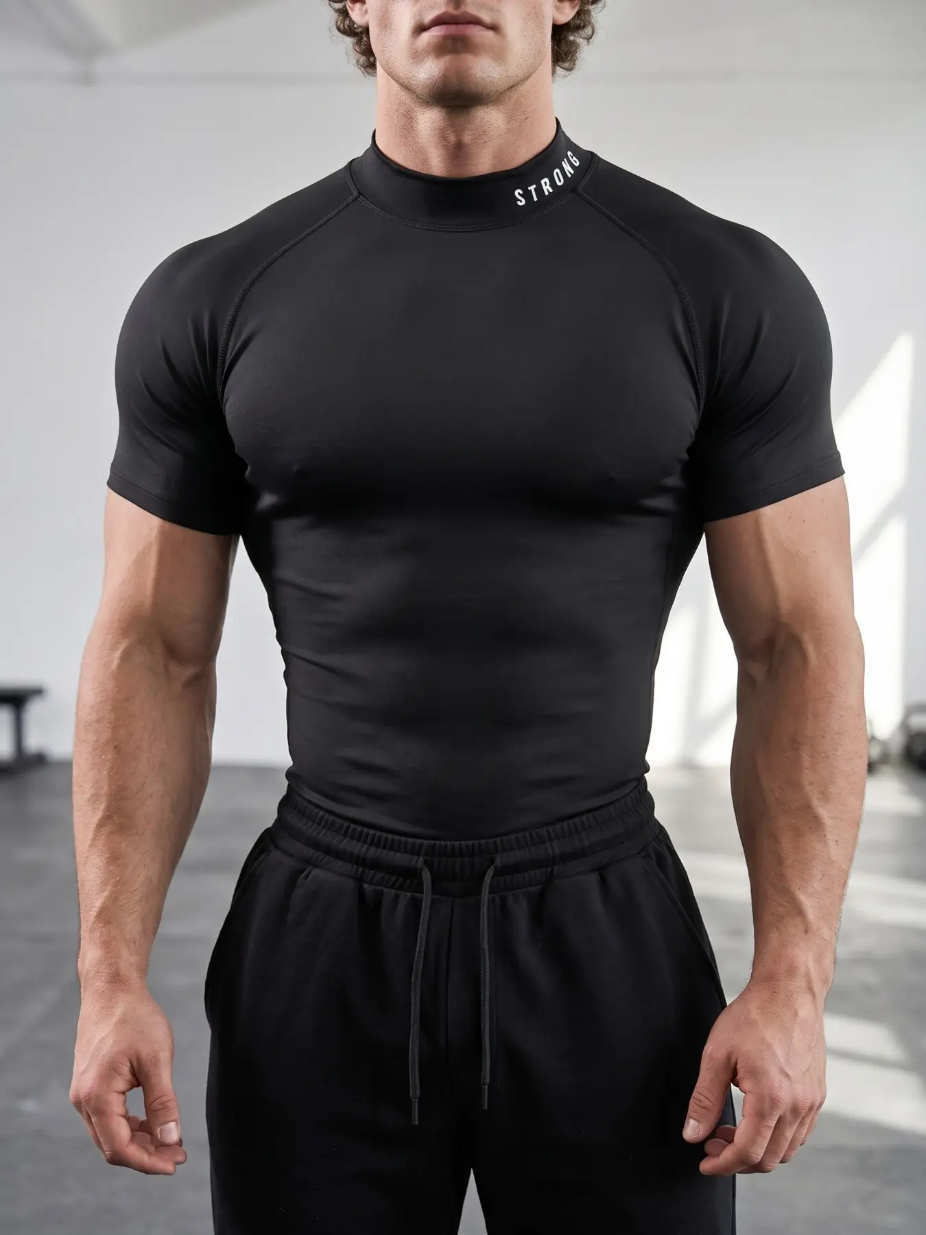 Men's High Neck Fitness T-Shirt, STRONG Print, Slim Fit Training Tee, Stretch Athletic Tee, High Stretch Polyester Blend, Ideal for High-Intensity Training, Strength Training, Daily Casual Wear, Gym Clothes Workout, Gym Workout Shirts, Fitness Top