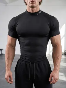 Men's High Neck Fitness T-Shirt, STRONG Print, Slim Fit Training Tee, Stretch Athletic Tee, High Stretch Polyester Blend, Ideal for High-Intensity Training, Strength Training, Daily Casual Wear, Gym Clothes Workout