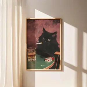 [SALE UP TO 30% + FREE SHIP + NO FRAME] Smoking Cat Art Print, Marlboro Poster, Cat Drinking Whiskey Poster, Black Cat Smoking, Home Decor