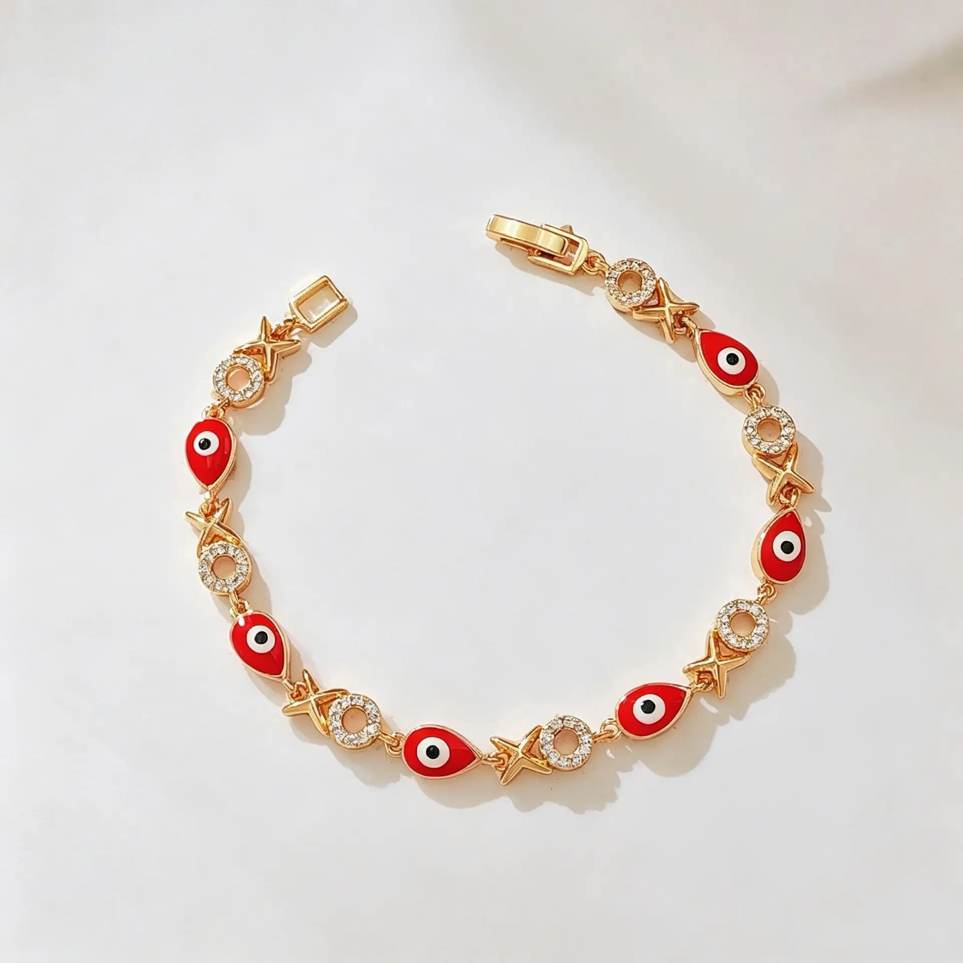 Women's 14K Real Gold-Plated Bracelet - Red Evil Eye, Star Zircon, Dainty Enamel Fish Eye Chain, Lucky Protection, Trendy Stackable Gift Jewelry