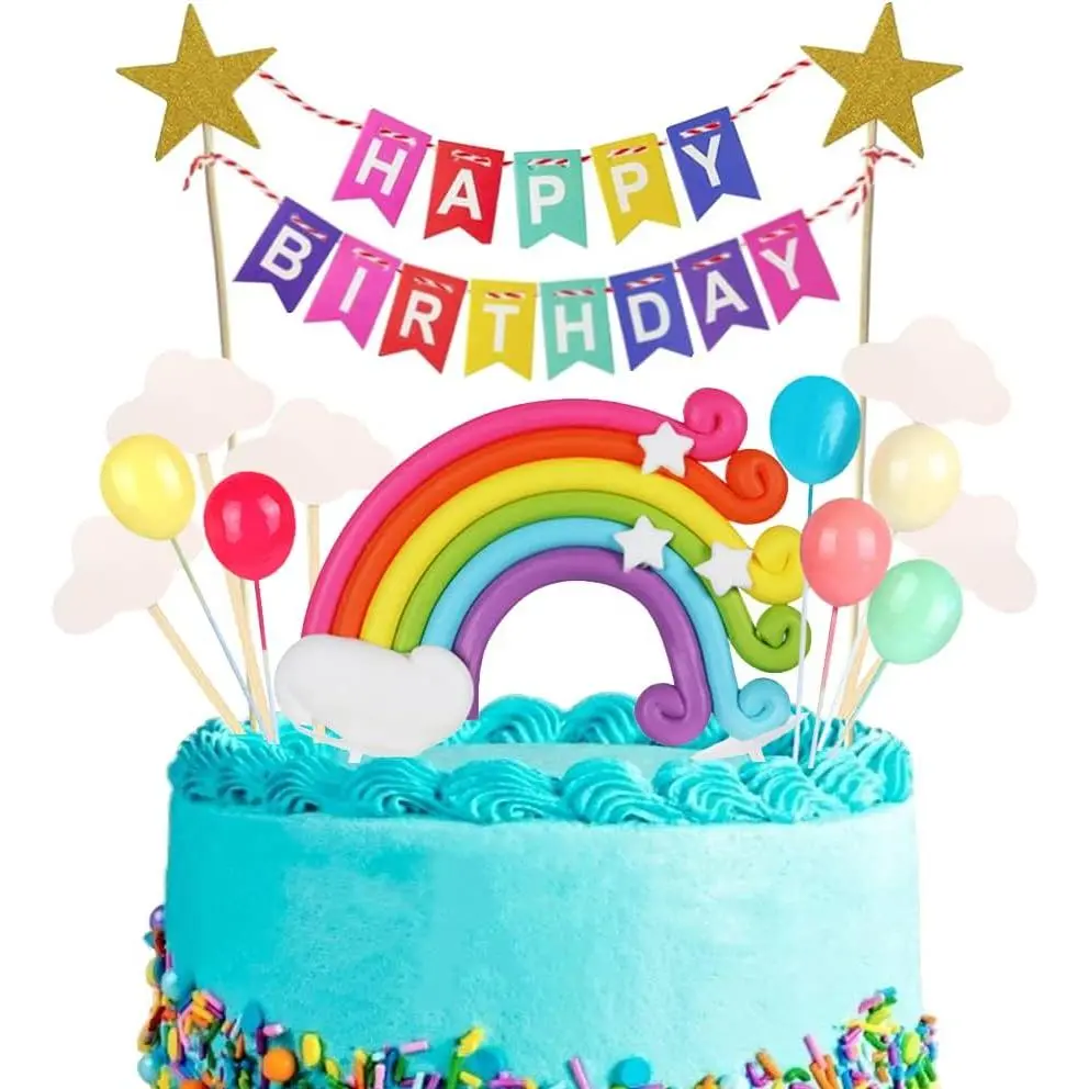 XY-SO17 15pcs Cake Topper Set - Happy Birthday Banner Topper Handmade Cupcake Topper including Colorful Rainbow Clouds Balloon Stars Picks for Boys Girls Party Decoration Fruit Insert