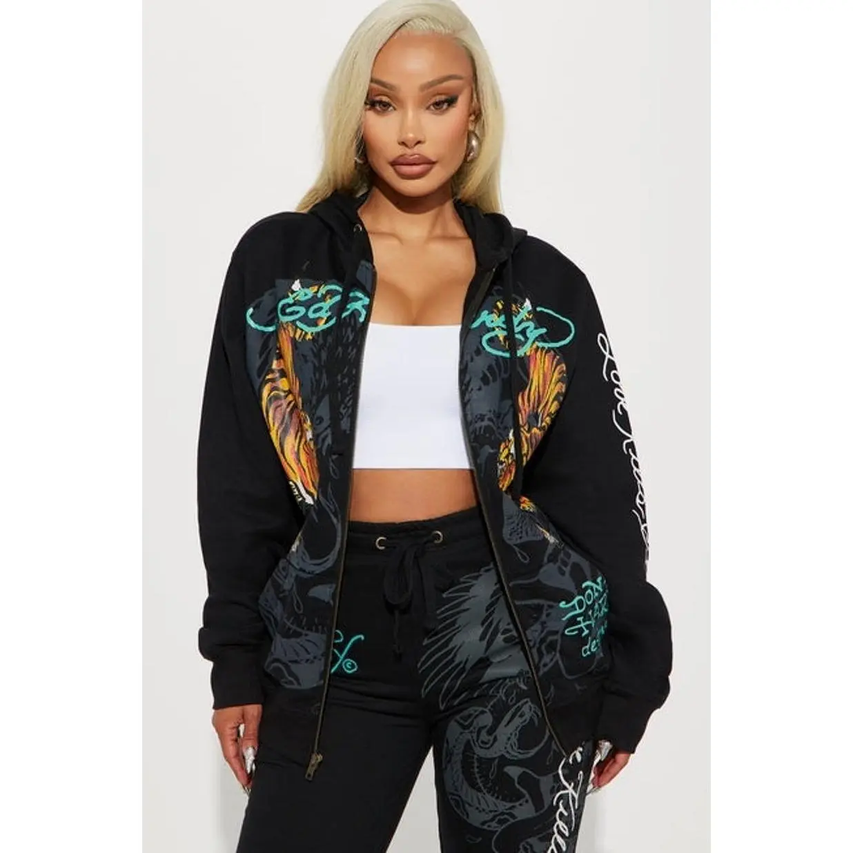 Ed Hardy Crawling Tigers Zip Front Hoodie - Black D