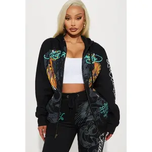 Ed Hardy Crawling Tigers Zip Front Hoodie - Black D