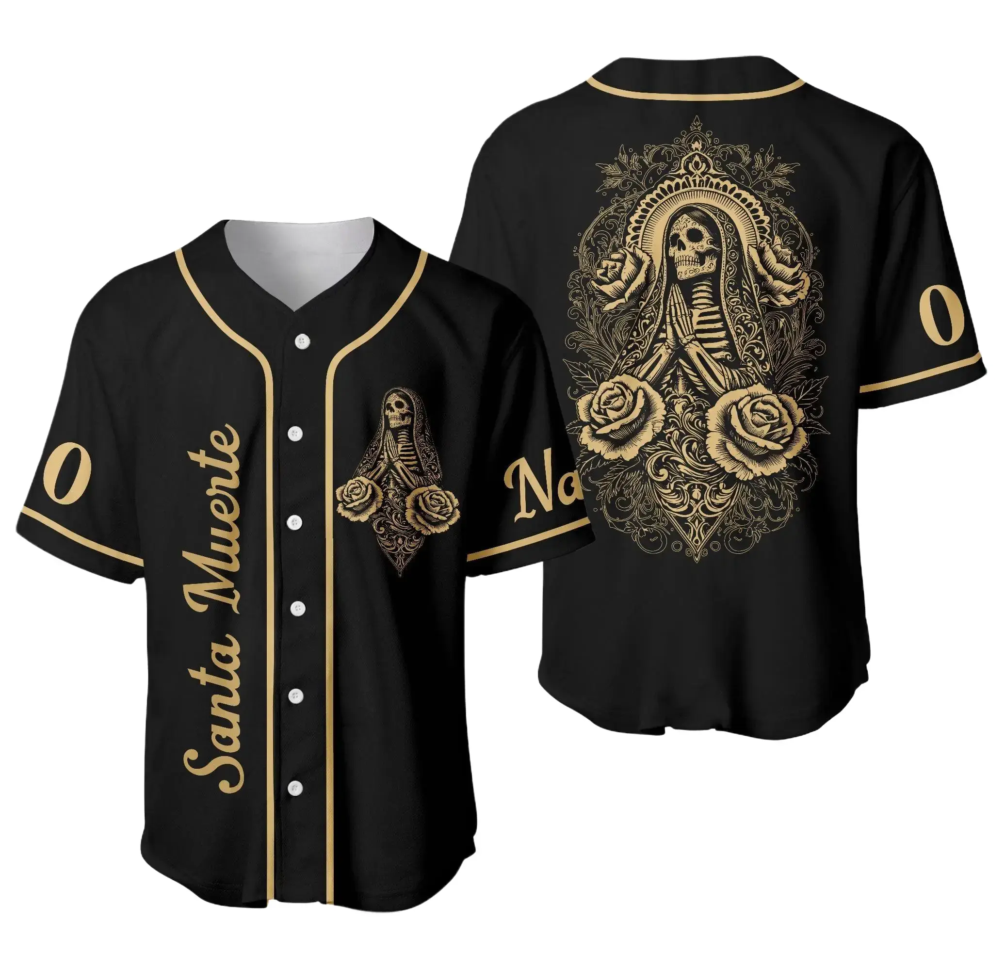 Santa Muerte Baseball Jersey, Gothic Chicano Streetwear Shirt, Day of the Dead Jersey, Skeleton Rose Graphic Jersey, Gothic Gift
