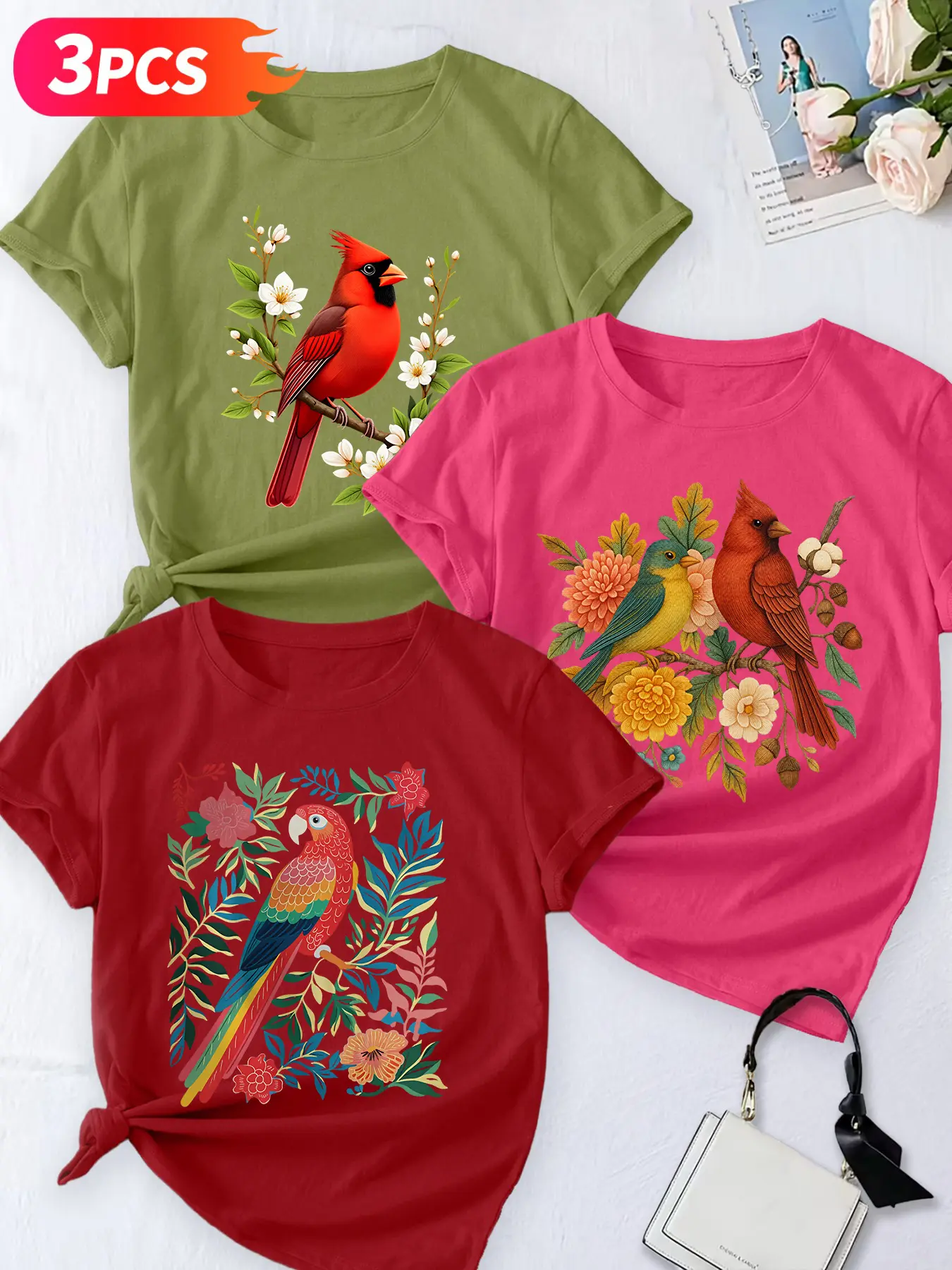 3Pcs Women's Crew Neck T-Shirt, Cardinal & Parrot Floral Bird Print, Multiple Colors Available, Machine Washable, Spring & Summer Casual Top, Soft Skin-Friendly Fabric, Daily Versatile, Fashion Design