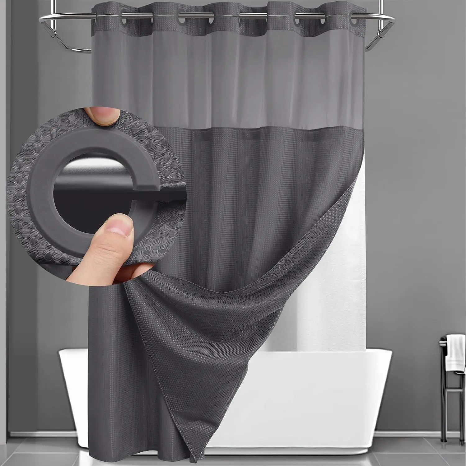 Hookless Shower Curtain with Snap Liner - Suitable for Home & Hotel Bath Curtain, Multicolor Waffle Window, Double Layer Panels, Hand Washable Curtain with Liner Set, No Hooks Required for Bathroom Decor Gift
