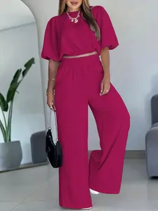 Women's Vintage Lantern Sleeve Two-Piece Woven Set, Round Neck Crop Top & Straight Leg Pants, Casual Loose Fit, Spring Summer Fall Wear, Womenswear