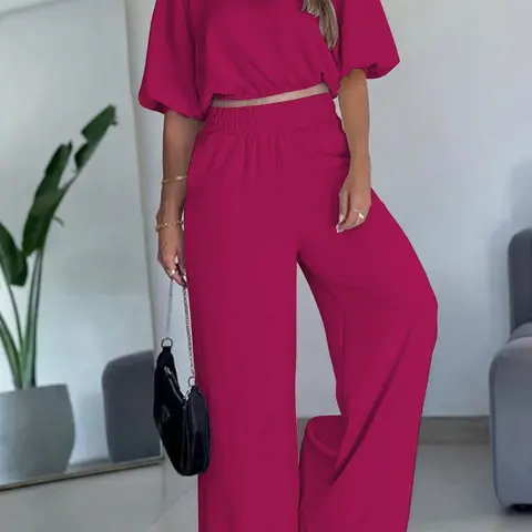 Women's Vintage Lantern Sleeve Two-Piece Set, Round Neck Crop Top & Straight Leg Pants, Casual Loose Fit, Spring Summer Fall Wear, Woven