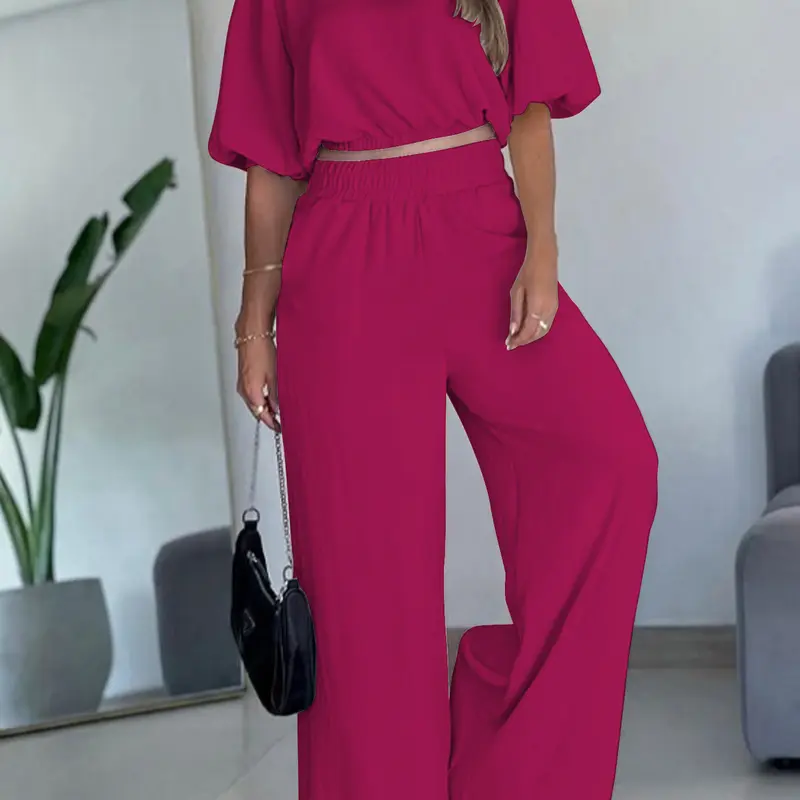 Women's Vintage Lantern Sleeve Two-Piece Set, Round Neck Crop Top & Straight Leg Pants, Casual Loose Fit, Spring Summer Fall Wear, Woven