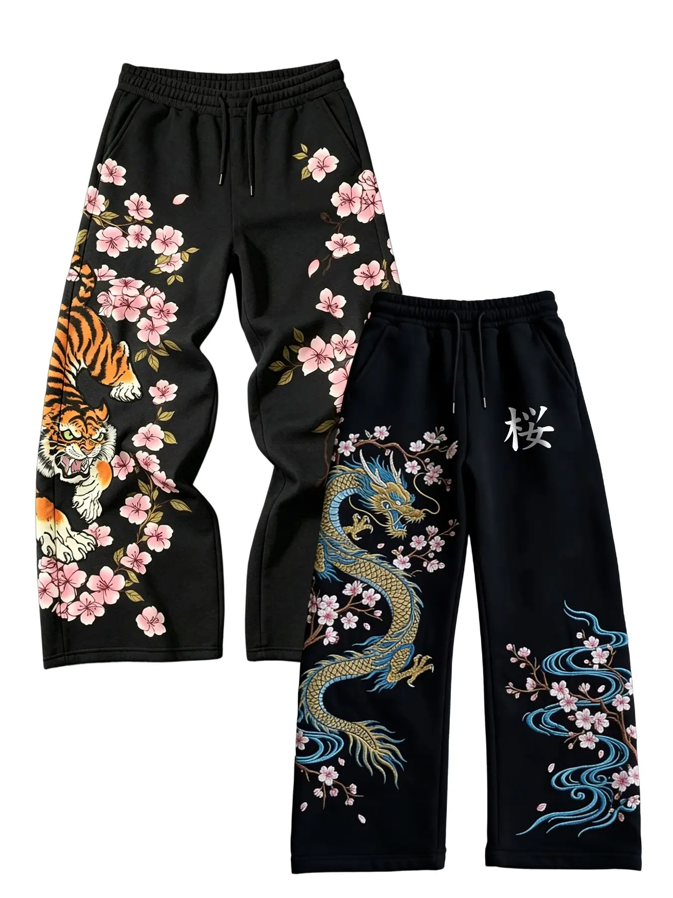 Men's High Street Retro Drop Waist Drawstring Sporty Casual Pants 2-Pack, Dragon Tiger Cherry Blossom Floral Pattern, Trendy Fashion Lounge Wear