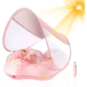 Baby Float with Canopy UPF50+ Sun Protection for Infant Newborn Toddler Inflatable Swimming Water Float 0-36 Months with Balance Ball Safety Seat