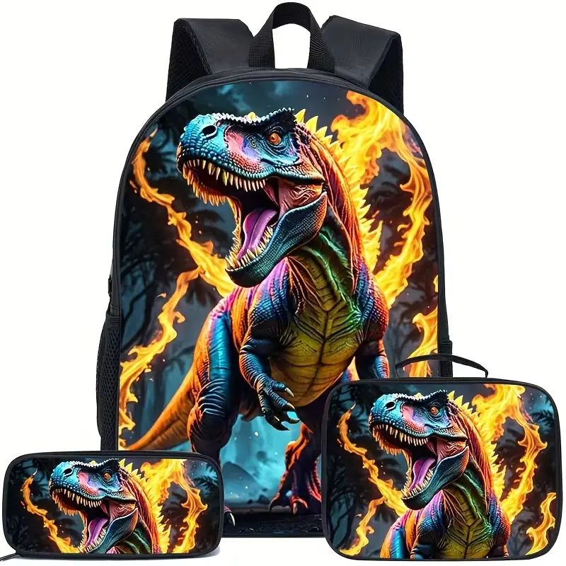 Men'S Cool Dinosaur Print Pattern Backpack, Large Capacity 3pcs Bag Set