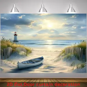 2D Flat HD Digitally Printed Polyester Photography Backdrop Banner - Photorealism Beach Seascape Design with Lighthouse, Boat, Sand Dunes, Ocean Under Sunny Sky - Soft, Lightweight, Foldable, Machine Washable Cloth for Home, Festive & Party Use, Decorativ