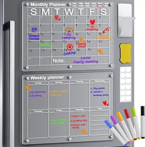 Acrylic Calendar for Fridge, 2 Set Clear Dry Erase Board for Refrigerator, 16"X12" Magnetic Calendar Includes 6 Colors Markers