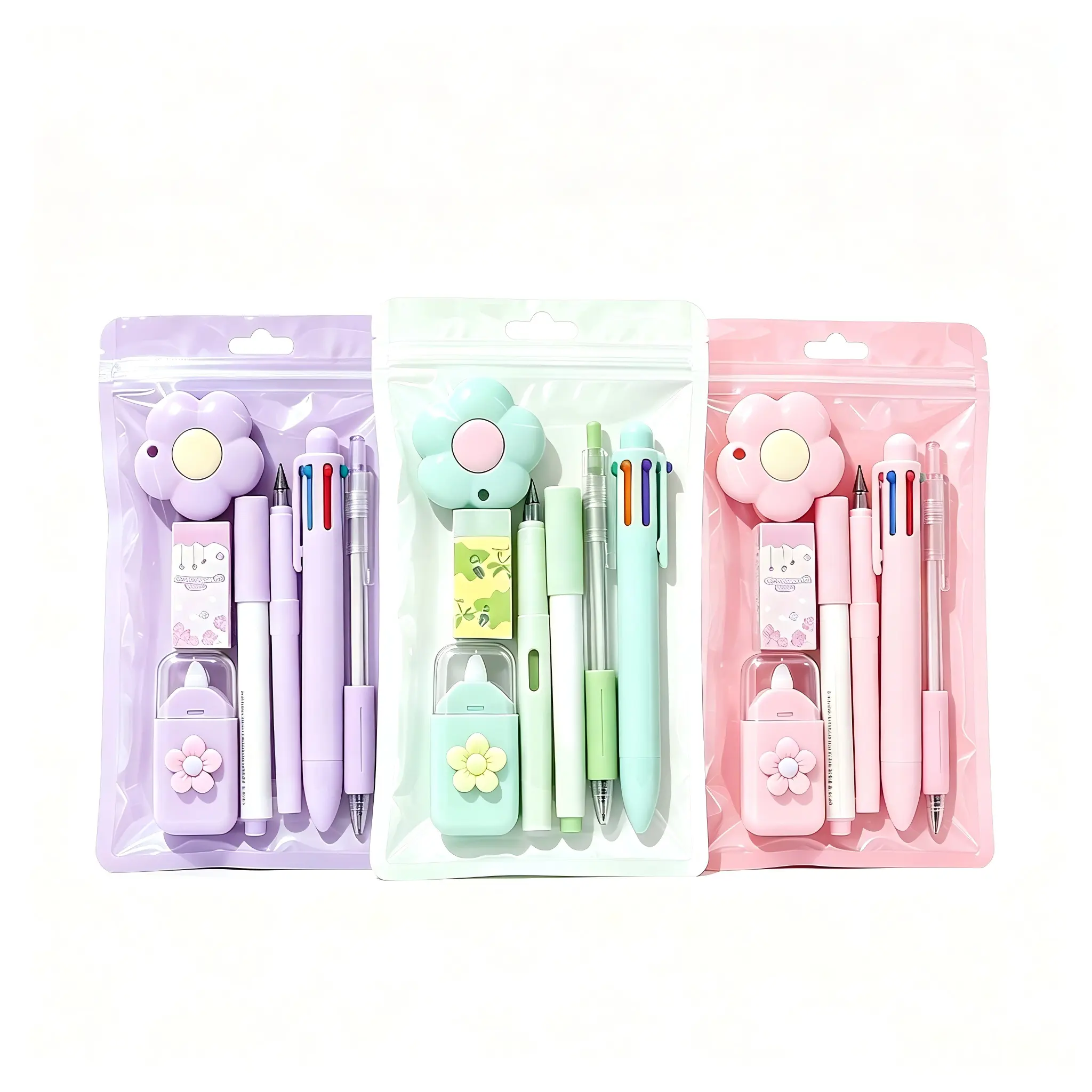 Girls' 7-Piece Cute Floral Macaron Stationery Set - 3 Pastel Color All-In-1 Kawaii Writing Kit with Multi-Color Pen, Pencil, Highlighter, Correction Tape, Sharpener, Eraser for Back To School
