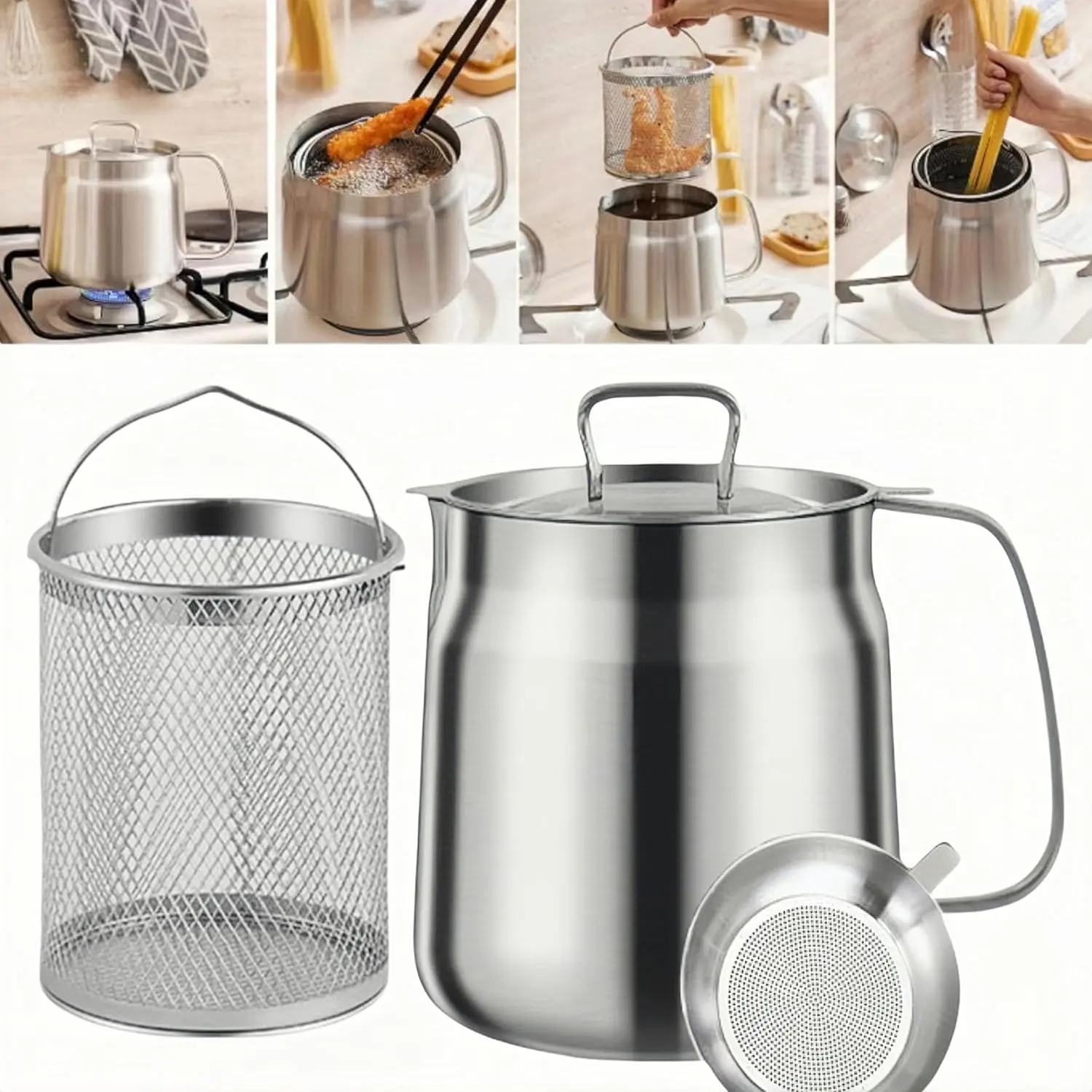304 Stainless Steel Deep Fryer Pot with Basket & Strainer (68oz/2L/2.1Qt) - Dishwasher Safe, Large Capacity for Family Kitchen,Camping, Versatile Oil Filter, Gas/Induction Hob Compatible, Manufacturer Warranty, Gas Or Induction Hobs, 1.5 L