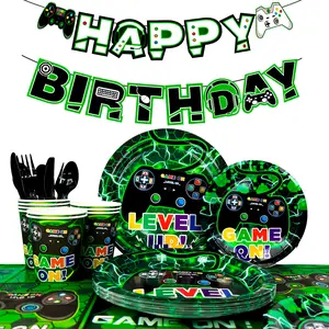 Video Game Party Supplies, 128 pcs Video Game Party Tableware Set, Video Game Plates and Napkins, Cups Table Cloth, Gamer Birthday Decorations Banner etc Gaming Birthday Party Supplies for Boys Kids