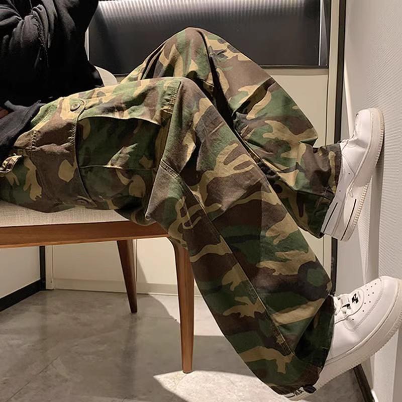 Trendy Retro Camouflage Cargo Pants for Men Loose Straight High Street Hip Hop Ins Hong Kong Style Floor-Length Wide-Leg Pants Wholesale