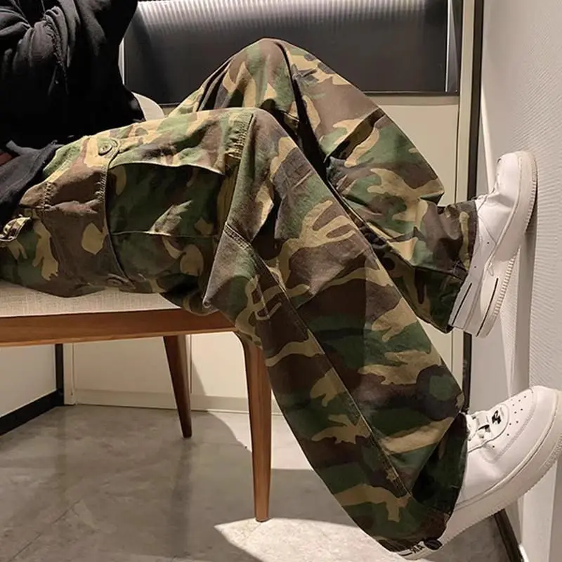 Trendy Retro Camouflage Cargo Pants for Men Loose Straight High Street Hip Hop Ins Hong Kong Style Floor-Length Wide-Leg Pants Wholesale