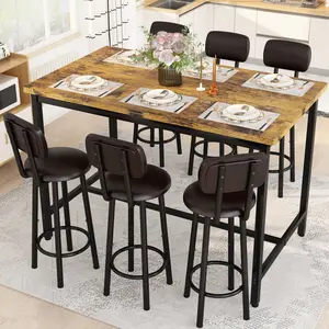 DKLGG 7-Piece Dining Table Set, Bar Table and Chair Set with 6 PU Leather Chairs, Saving Space Pub and Chairs Sets for Dining Room, Bar, Kitchen, Brown